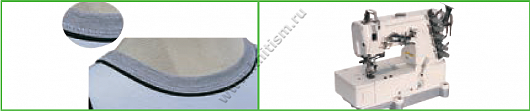 Окантователь в 3 сложения (чистый край сверху) с прокладыванием декоративной вставки (сложенной вдвое) на плоскошовной машине с плоской платформой T151 SURUCU